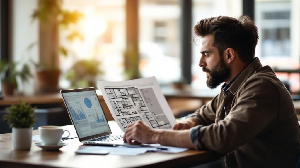 Emprendedor revisando planos y documentos para la apertura de un restaurante