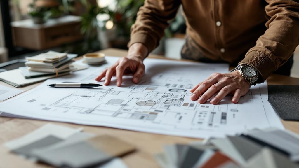 Arquitecto revisando planos y muestras de materiales en reunión de diseño de restaurante