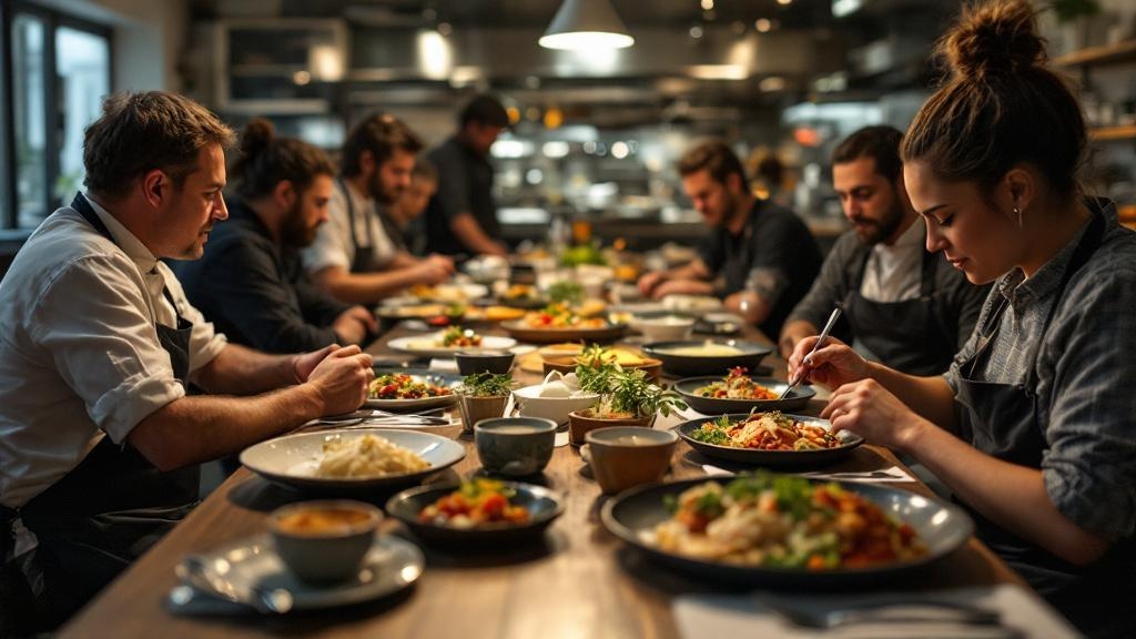 Sesión de degustación con chef presentando platos al equipo para evaluación