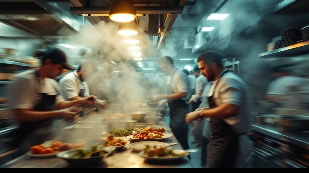 Cocina de restaurante en momento de caos durante servicio con múltiples pedidos