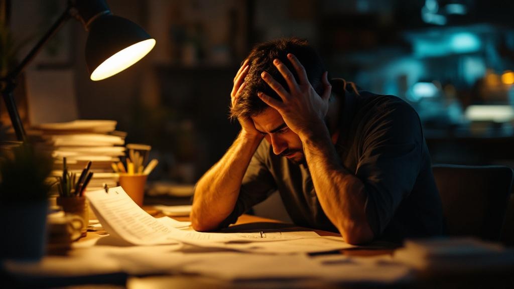 Dueño de restaurante estresado revisando papeles en su escritorio tarde por la noche