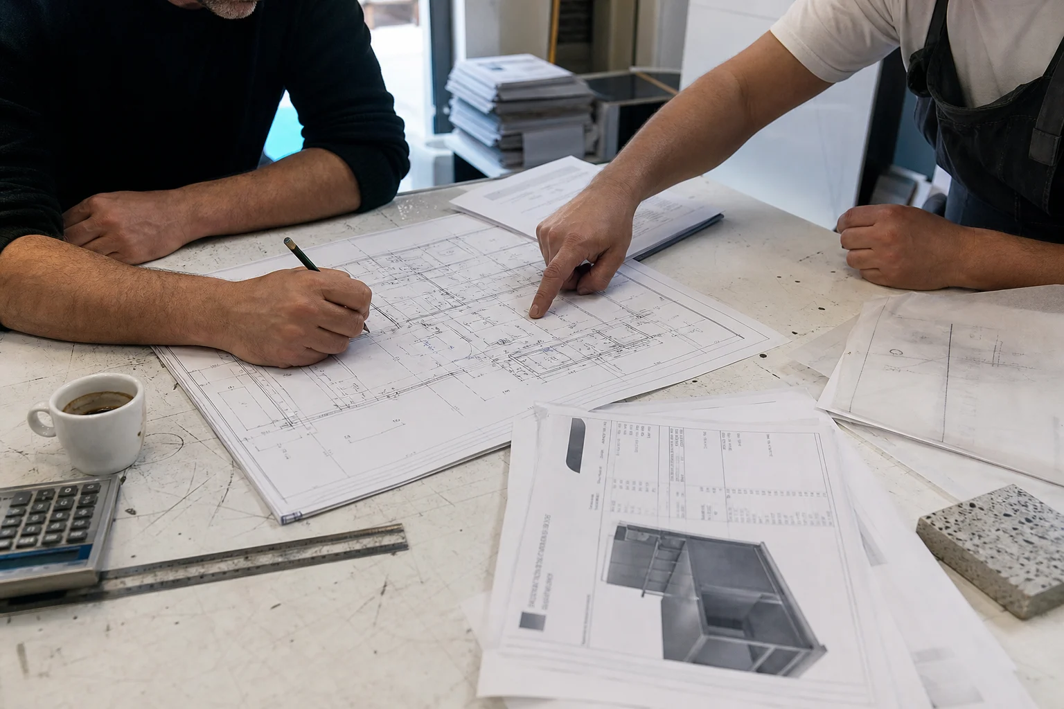 Sesión de trabajo sobre una planta arquitectónica gastronómica