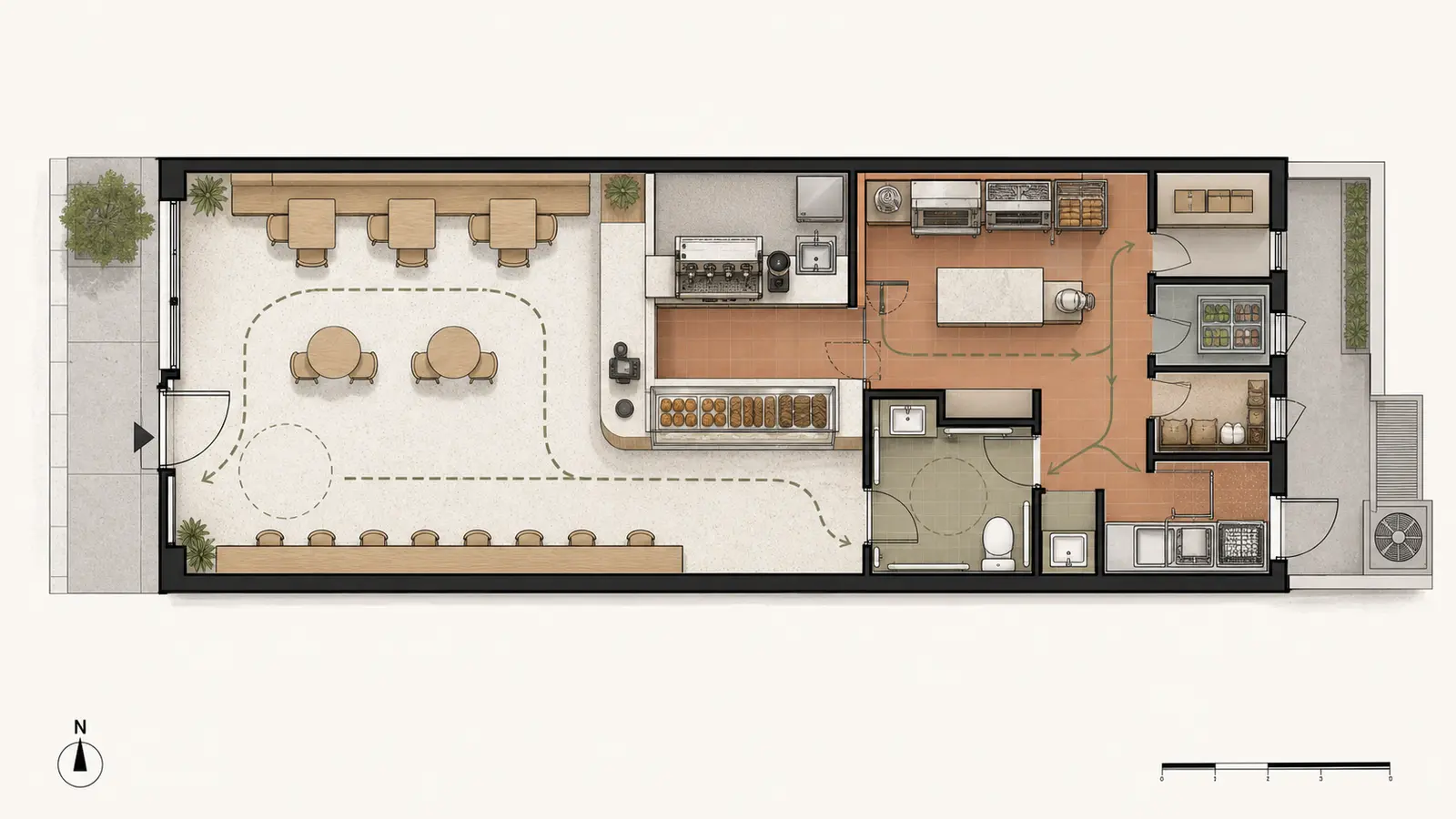 Planta arquitectónica conceptual del café Cauce en Córdoba