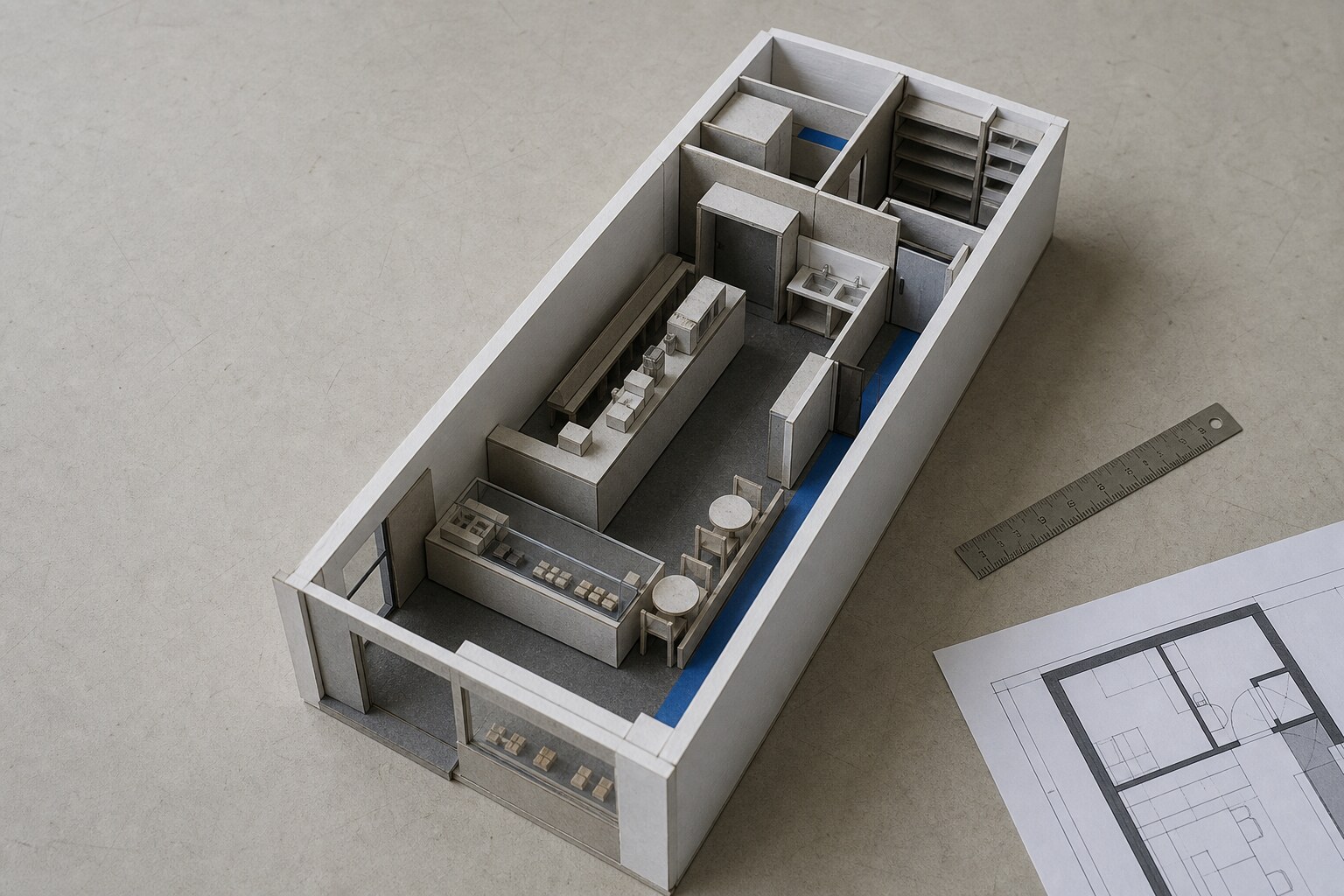 Maqueta conceptual de un pequeño restaurante de barrio con cocina, salón y circulación diferenciada