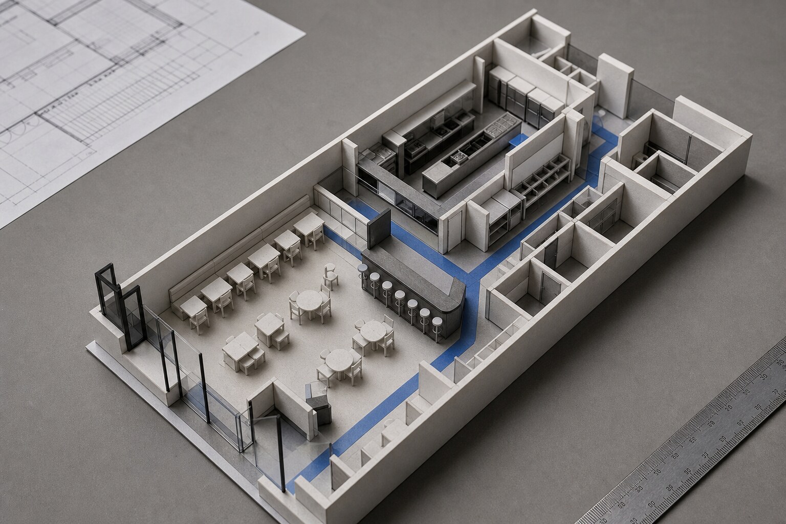 Maqueta arquitectónica conceptual de restaurante con salón, barra, cocina y apoyo