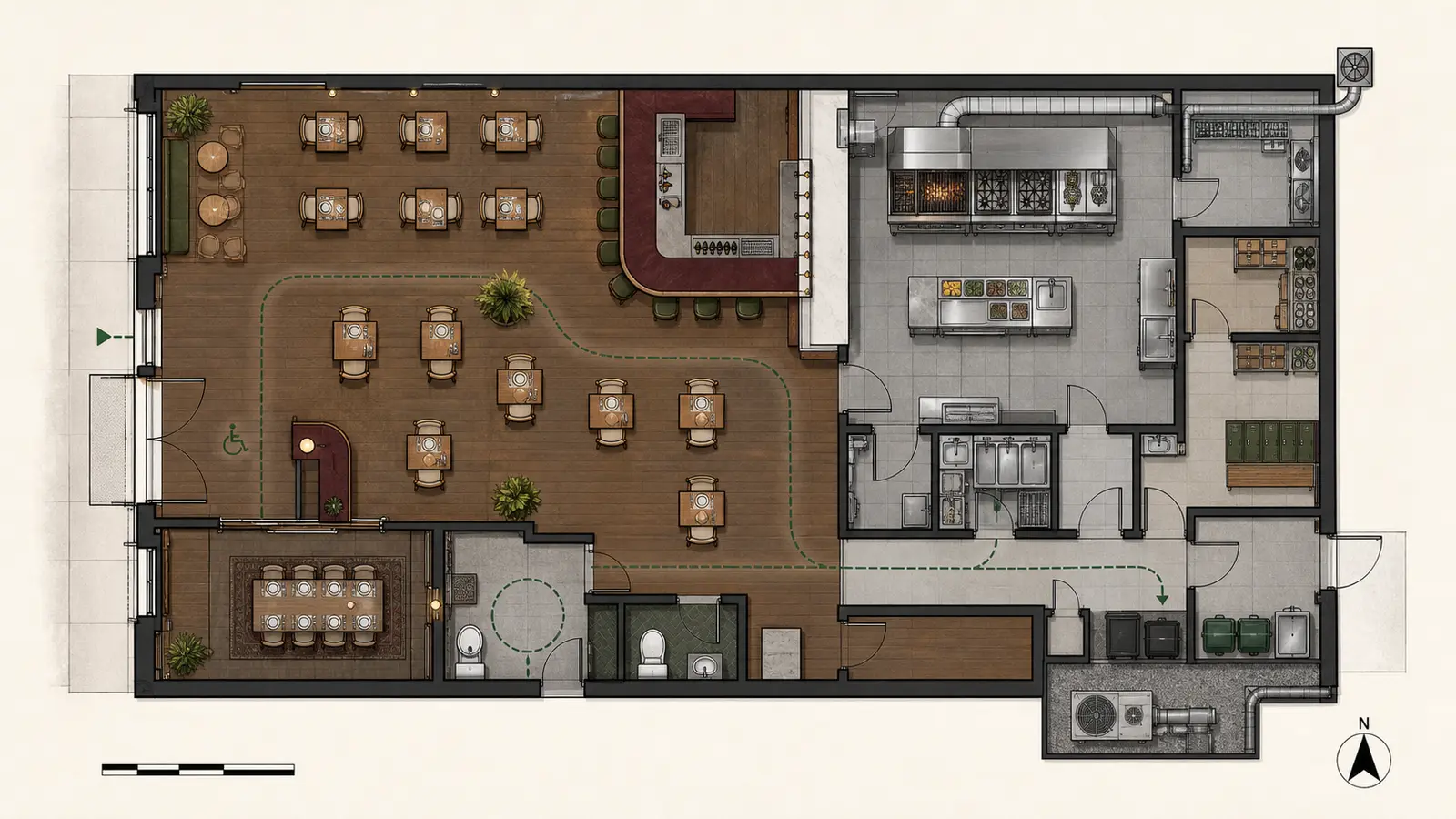 Planta arquitectónica conceptual del restaurante Surco en Villa Crespo