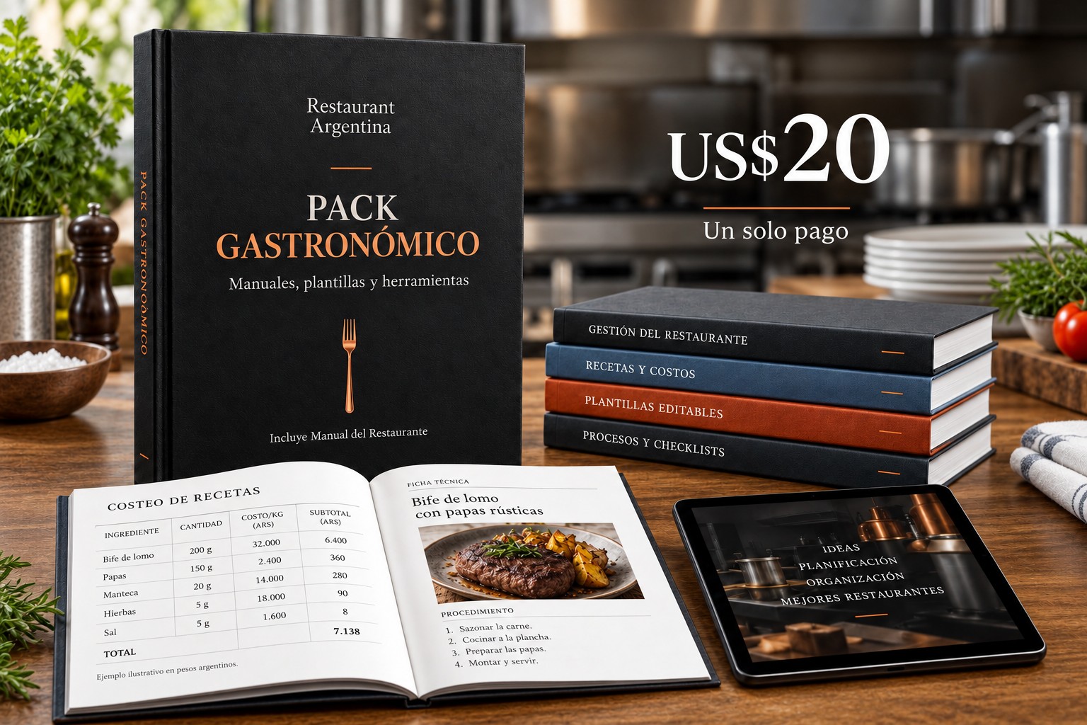 Pack gastronómico de Restaurant Argentina: manuales, herramientas y plantillas; ejemplo de costeo en pesos argentinos.