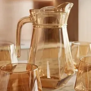 Set Jarra 1.4 Litros Con 6 Vasos Vidrio Labrado Diseño Diamante Para Agua Jugo Bebidas Gaseosa Mesa Cocina Vajilla Moderna Elegante Transparente Regalo Hogar Levys Bazar