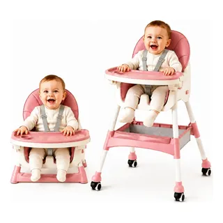 Silla De Comer Plegable 2 En 1 Sillita Bebes Doble Bandeja Ajustable Arnés De 5 Puntos Ruedas Removibles Tapizado Impermeable Silla Alta Y Baja Infantil Rosa