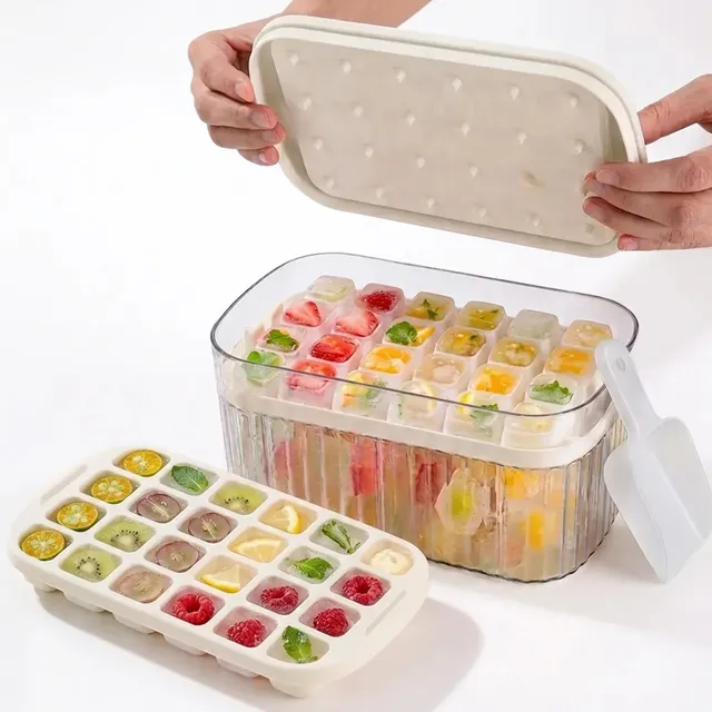 Cubetera X48 Cubos Hielera Hielo Doble Molde Tapa Pala Incluida Sellado Hermetico Con Recipiente Expulsion Facil Blanco Raitot