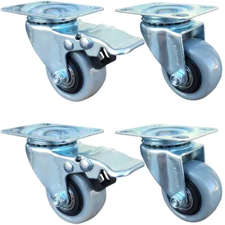 KIT 4 Ruedas Giratorias 2 Con Freno 2 Sin Freno 50 mm X 23 mm 200 Kg PVC Gris Base Acero Gris Vabenne Doble Rodamiento Doble Hilera de Bolillas Ideal Mueble Estanteria Carro Carrito Industrial 50x23
