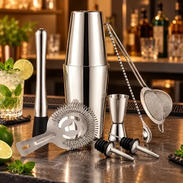 Set Coctelería Boston WAFFY 8 Piezas, Kit Barman con Coctelera 700ml y Jigger para Tragos