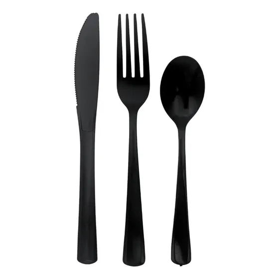Set Cubiertos Plástico Descartables 30 Piezas Negro Planeta Fiesta
