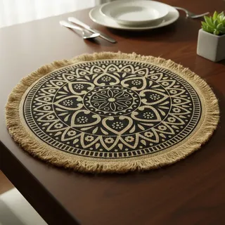Individual De Mesa Redondo Boho 38x38 Cm Con Flecos Natural Negro