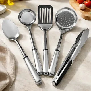 Set X5 Utensilios Pinza Cucharón Espatula Acero Inox Bz3 Hudson