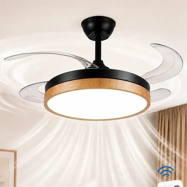 Ventilador De Techo Retracil Novohome Luz Led Y 4 Aspas Retractiles Silencioso Con Control Remoto Color Negro Y Madera Estilo Bamboo