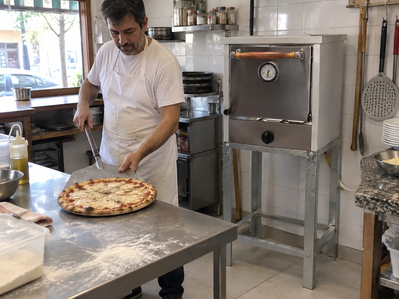 Horno pizzero en un entorno gastronómico · ilustración creada con IA