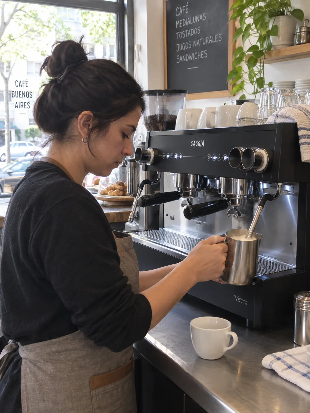 Máquina de espresso en un entorno gastronómico · ilustración creada con IA