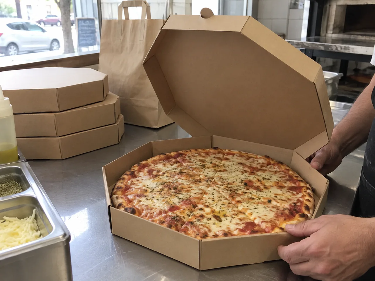 Caja para pizza en un entorno gastronómico · ilustración creada con IA