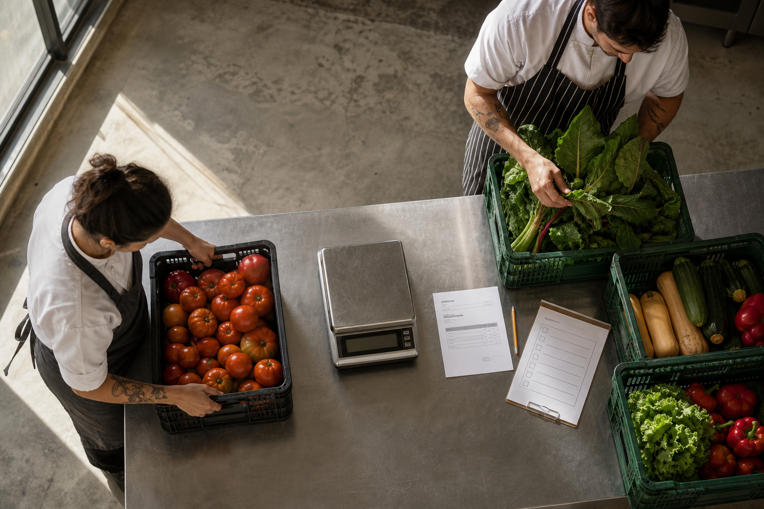 Equipo de cocina revisando mercadería, una balanza y una planilla de recepción sobre una mesa de trabajo.