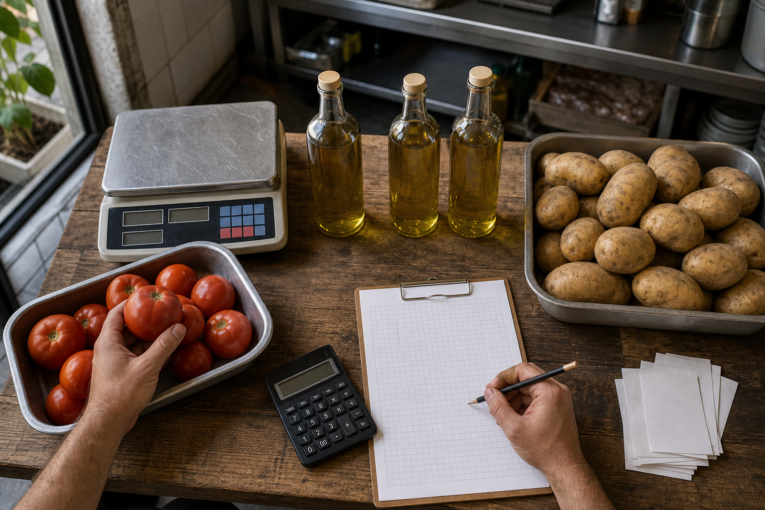 Manos realizan un conteo de insumos con balanza, calculadora y planilla durante el cierre de costos de un restaurante.