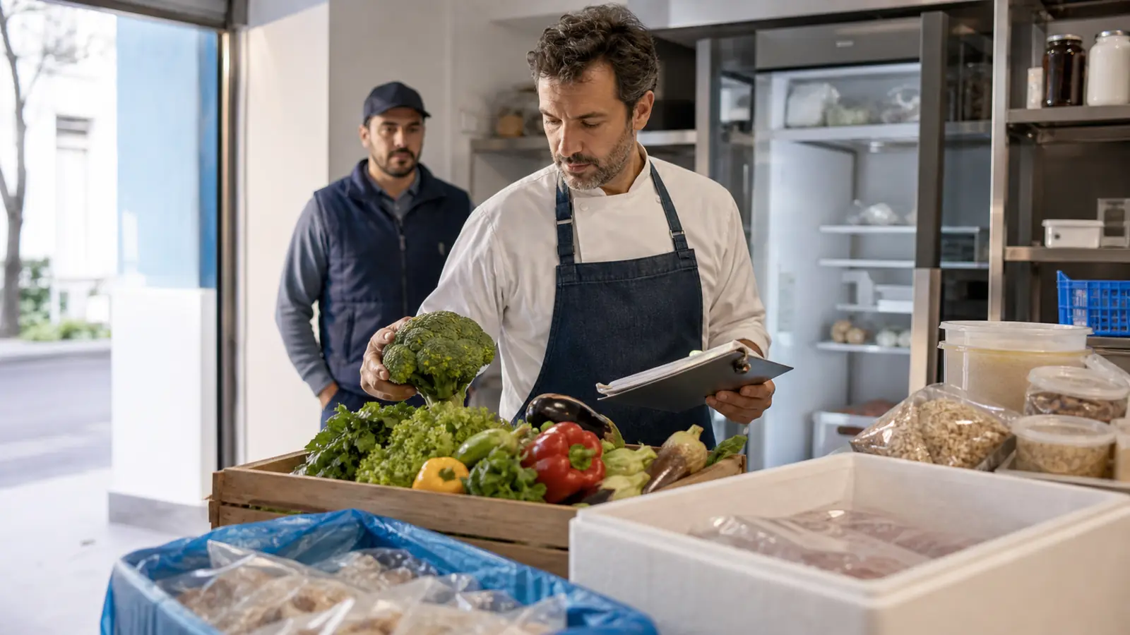 Encargado de restaurante revisando verduras y mercadería durante la recepción de un proveedor