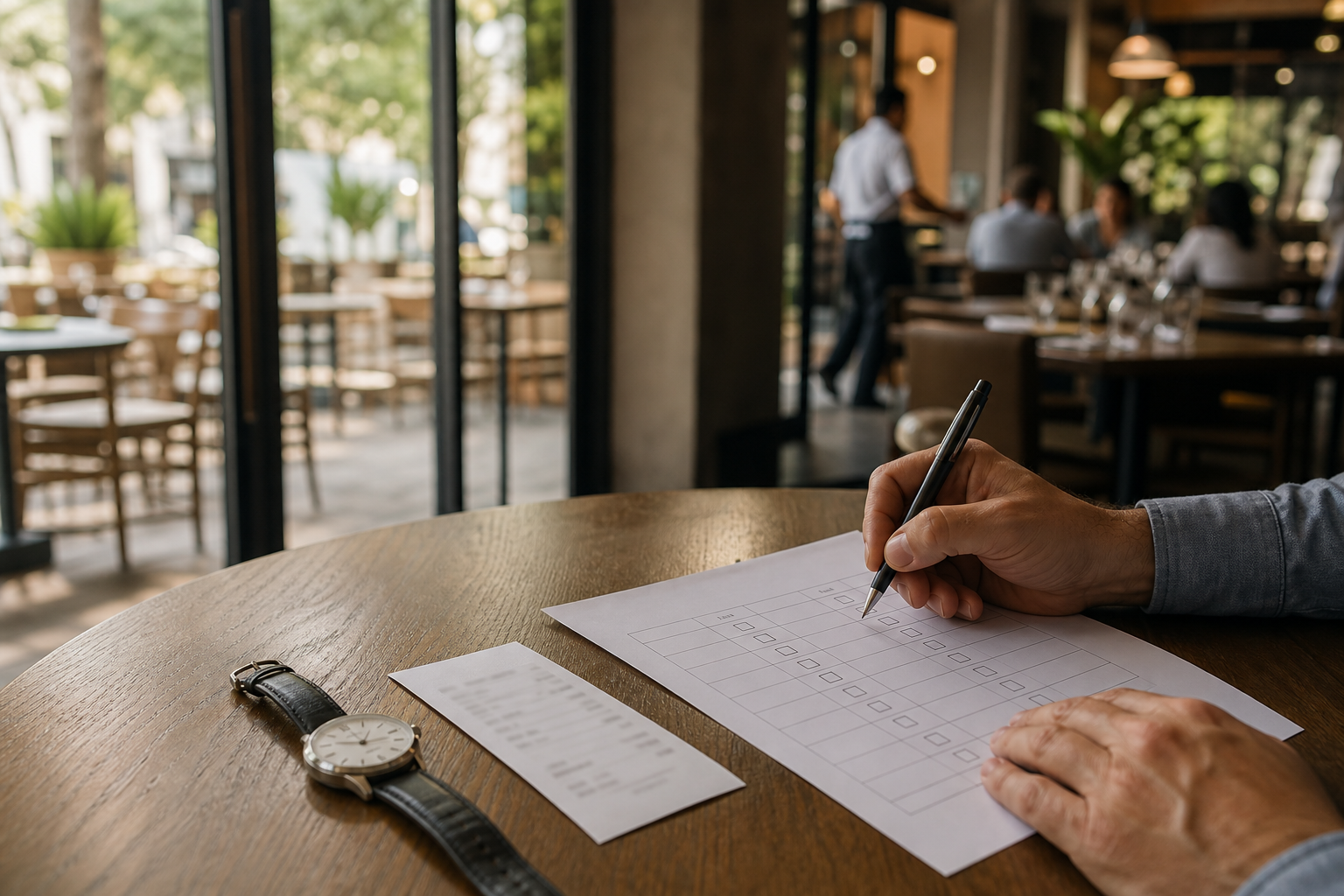 Persona registra de forma discreta observaciones sobre la experiencia de servicio desde una mesa de restaurante.