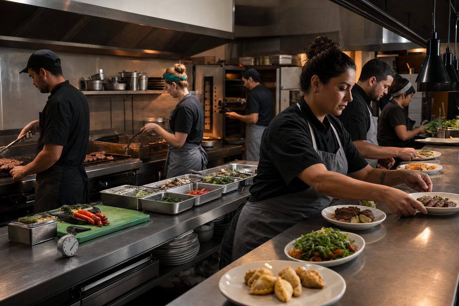 Cocina profesional argentina con plancha, freidora, horno, mise en place y pase diferenciados para auditar capacidad por estación.
