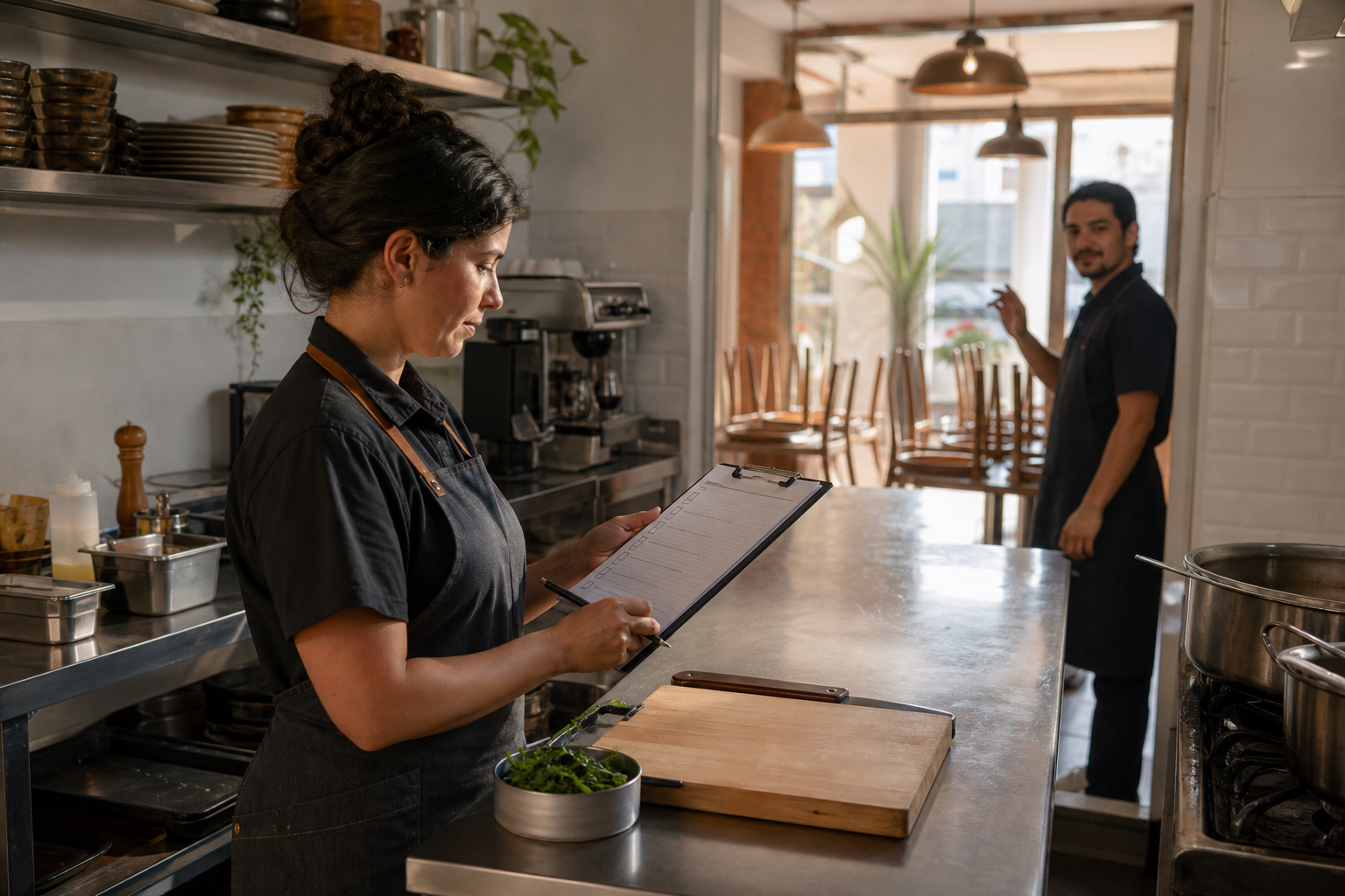 Dos responsables de turno revisan una checklist de apertura y cierre en la cocina de un restaurante argentino.