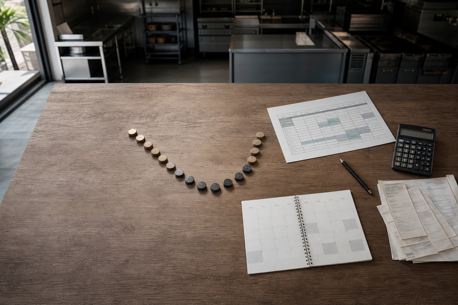 Planificación del capital de trabajo de un restaurante con calendario, calculadora y una curva visual que marca el valle de caja.